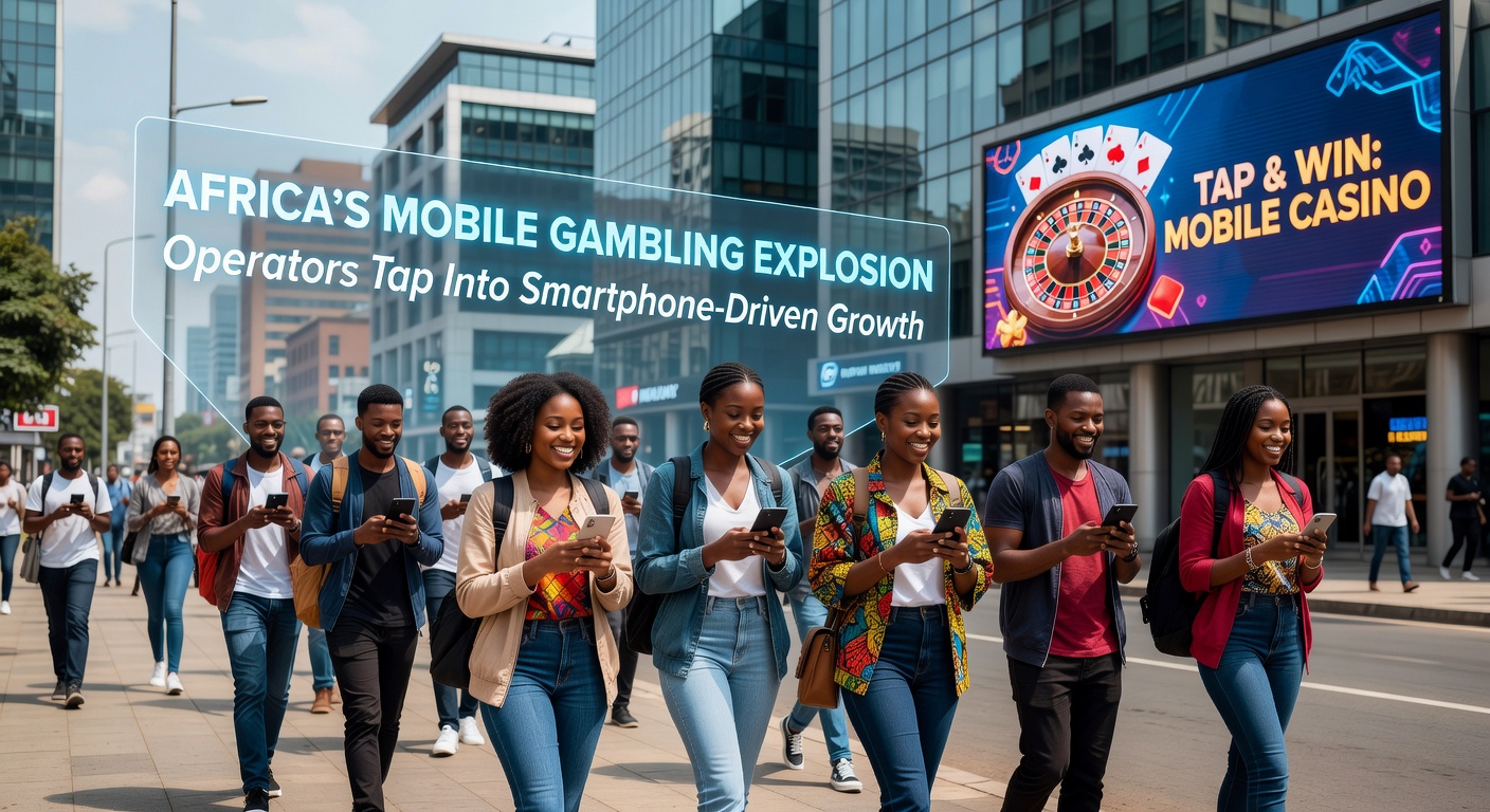 Vibrant African market scene with smartphones displaying gambling apps amid bustling street crowds