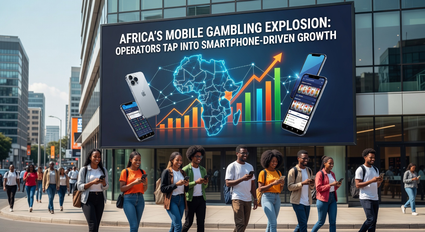 Dynamic image of diverse African users engaging with mobile gambling apps on smartphones in urban and rural settings