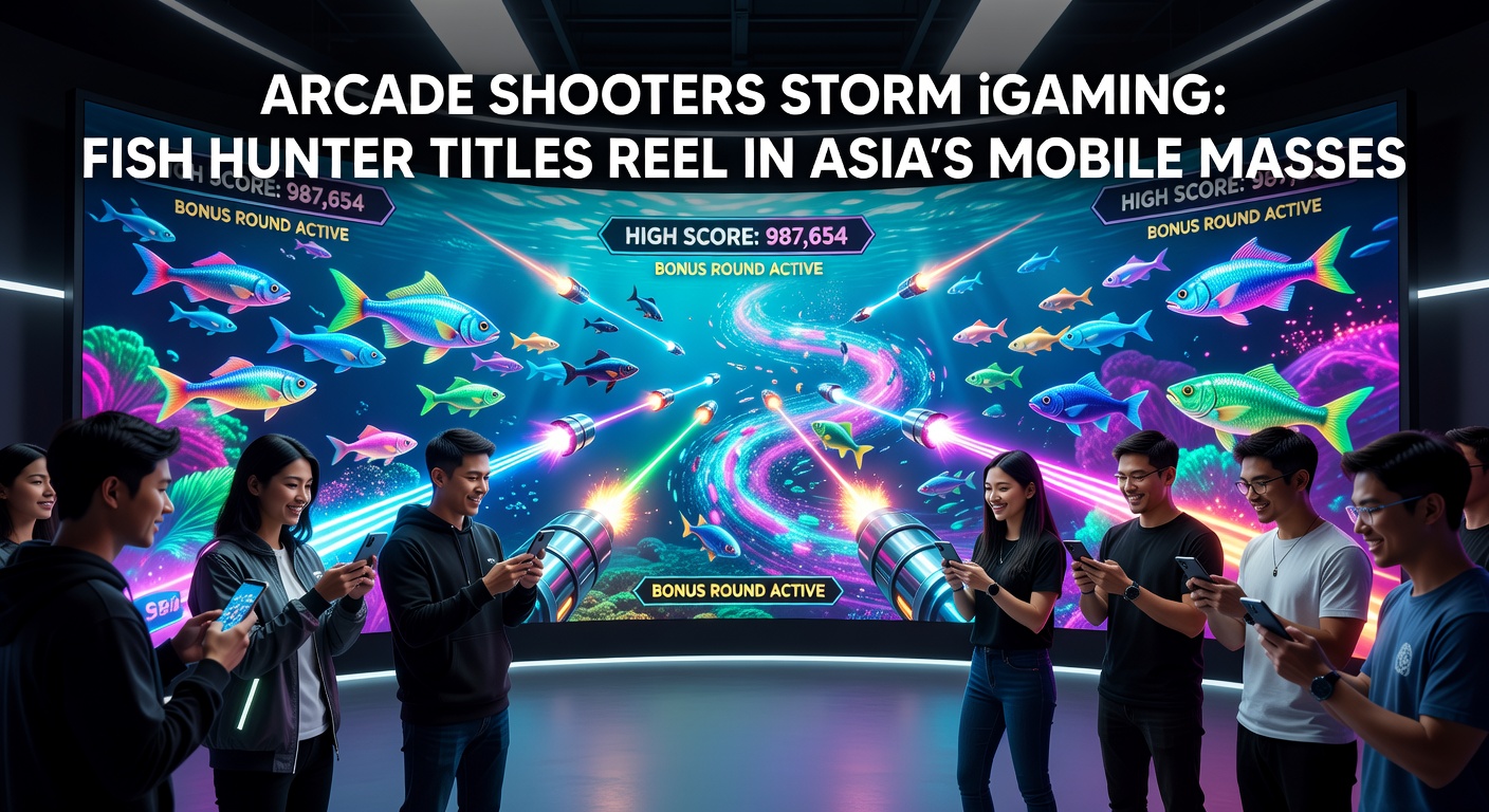 Vibrant underwater scene from a Fish Hunter arcade shooter game, featuring colorful fish swarming a player's crosshairs on a mobile screen