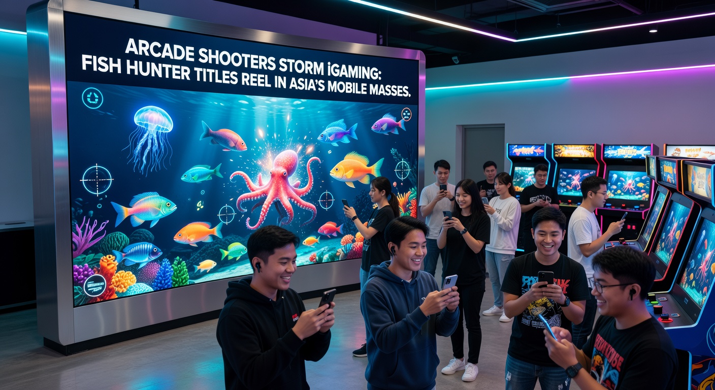 Group of players huddled around a land-based Fish Hunter arcade machine in a bustling Asian gaming hall, lights flashing as fish explode on screen