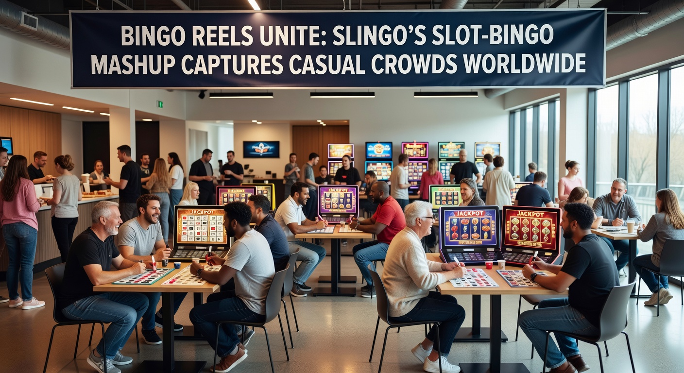 Vibrant Slingo game screen showing spinning reels aligned with a bingo card, numbers matching for wins amid colorful graphics and casual player appeal