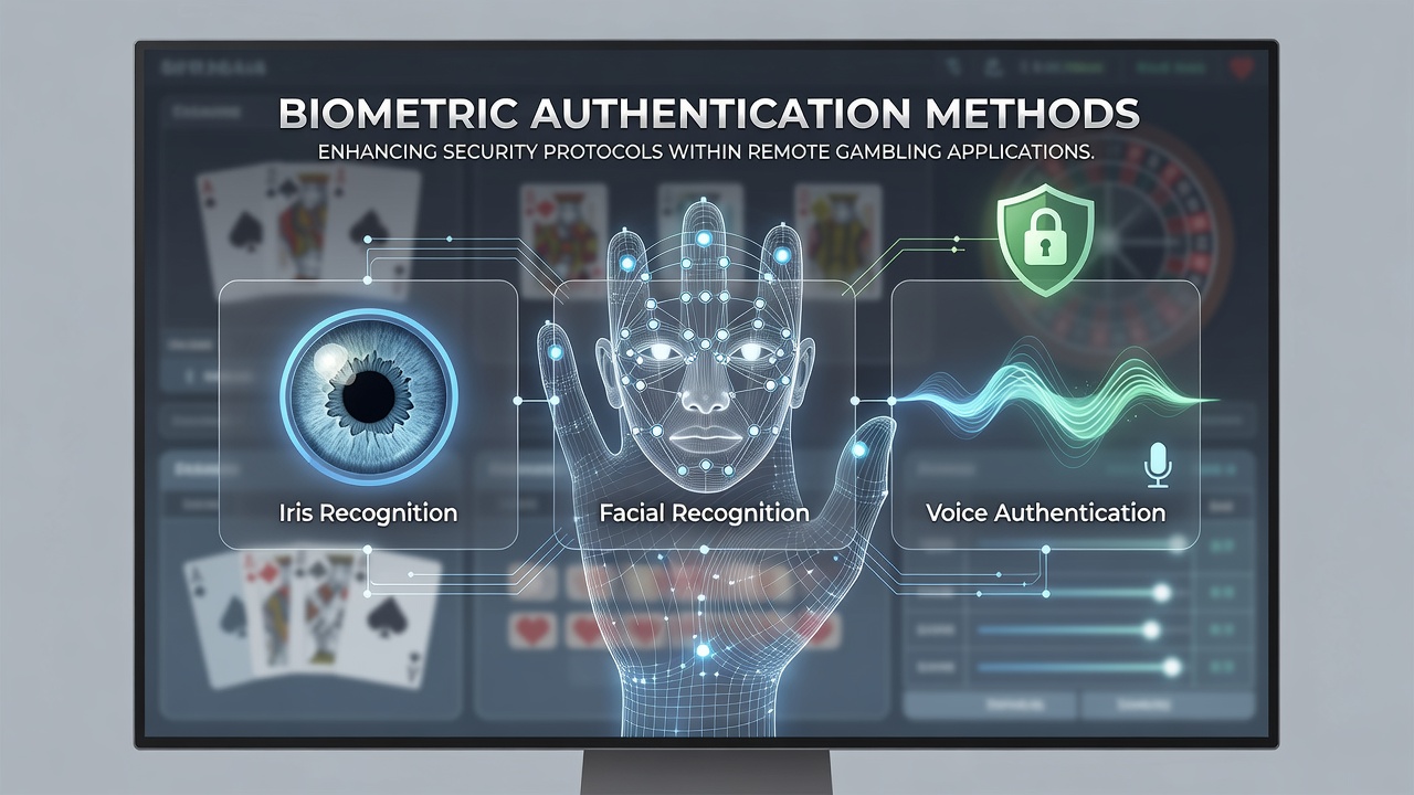 Secure remote gambling session with biometric verification prompt on tablet device