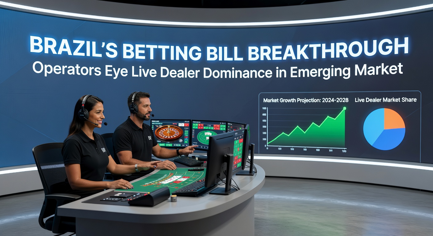 Vibrant image of a live dealer table with Brazilian flag elements and digital screens showing betting interfaces, symbolizing the fusion of traditional gaming and online excitement in Brazil's emerging market