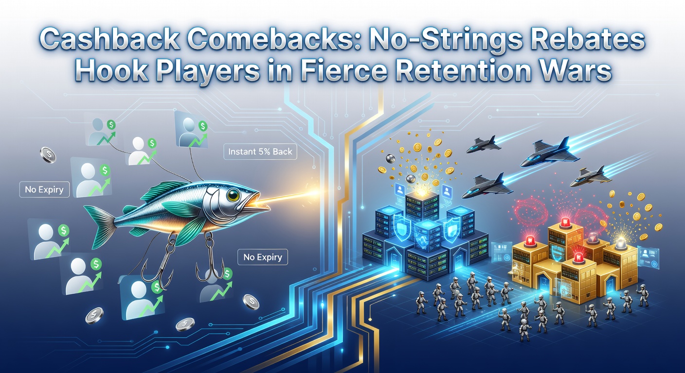 Digital graphic showing cashback dollars flowing back to players' pockets amid casino icons and retention charts