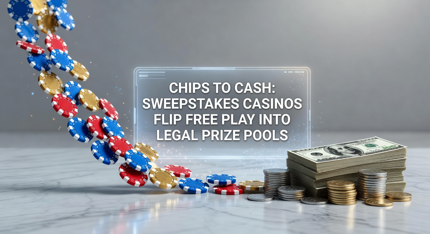 Vibrant digital chips transforming into stacks of cash prizes on a sweepstakes casino platform, illustrating the legal free-to-cash model