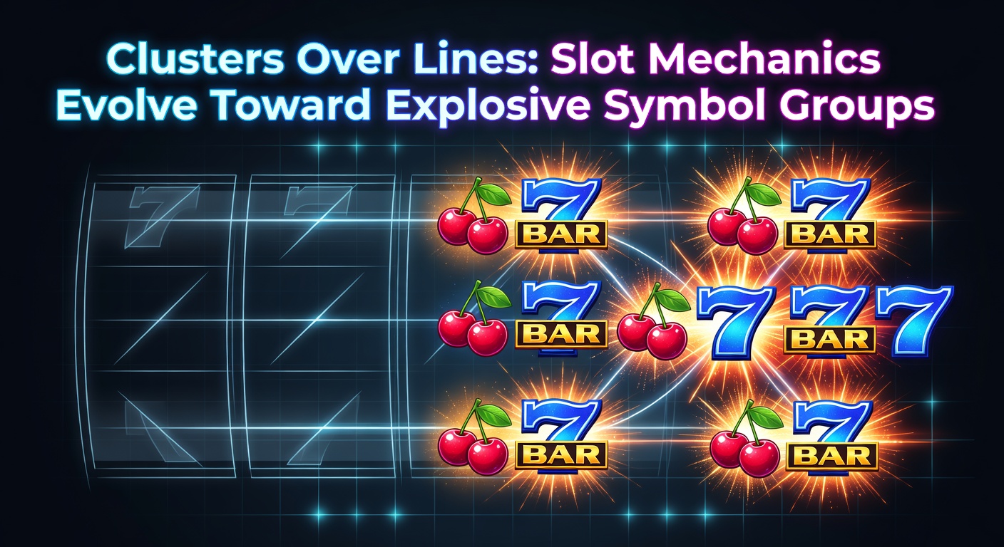 Vibrant slot screen showing clustered symbols exploding in a cascade of wins, illustrating the shift from traditional paylines to dynamic group mechanics