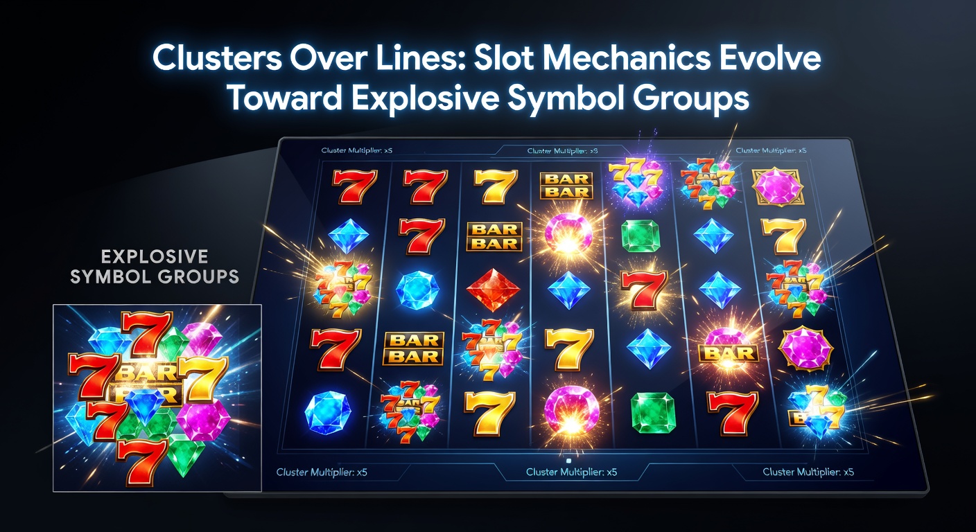 Close-up of explosive symbol clusters on a slot grid, with symbols bursting and new ones cascading down for chained wins