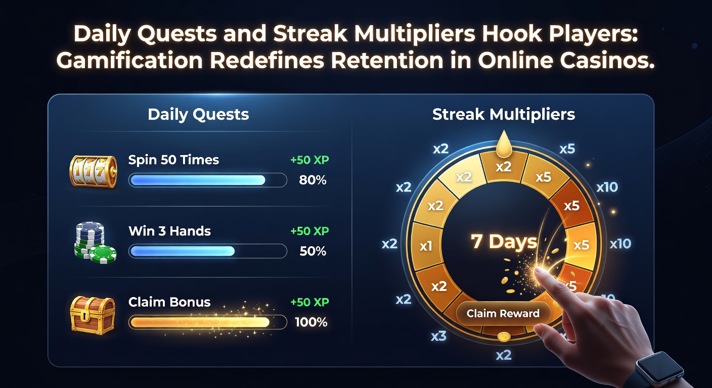 Vibrant online casino interface displaying daily quest progress bars and streak multiplier badges glowing with rewards