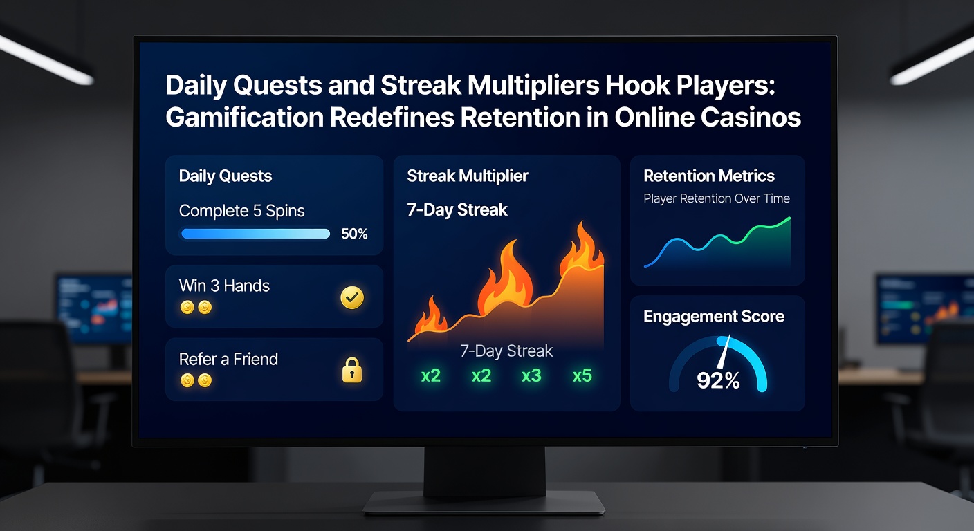 Close-up of a mobile casino app showing streak multiplier icons escalating from 1x to 10x alongside completed daily quest notifications