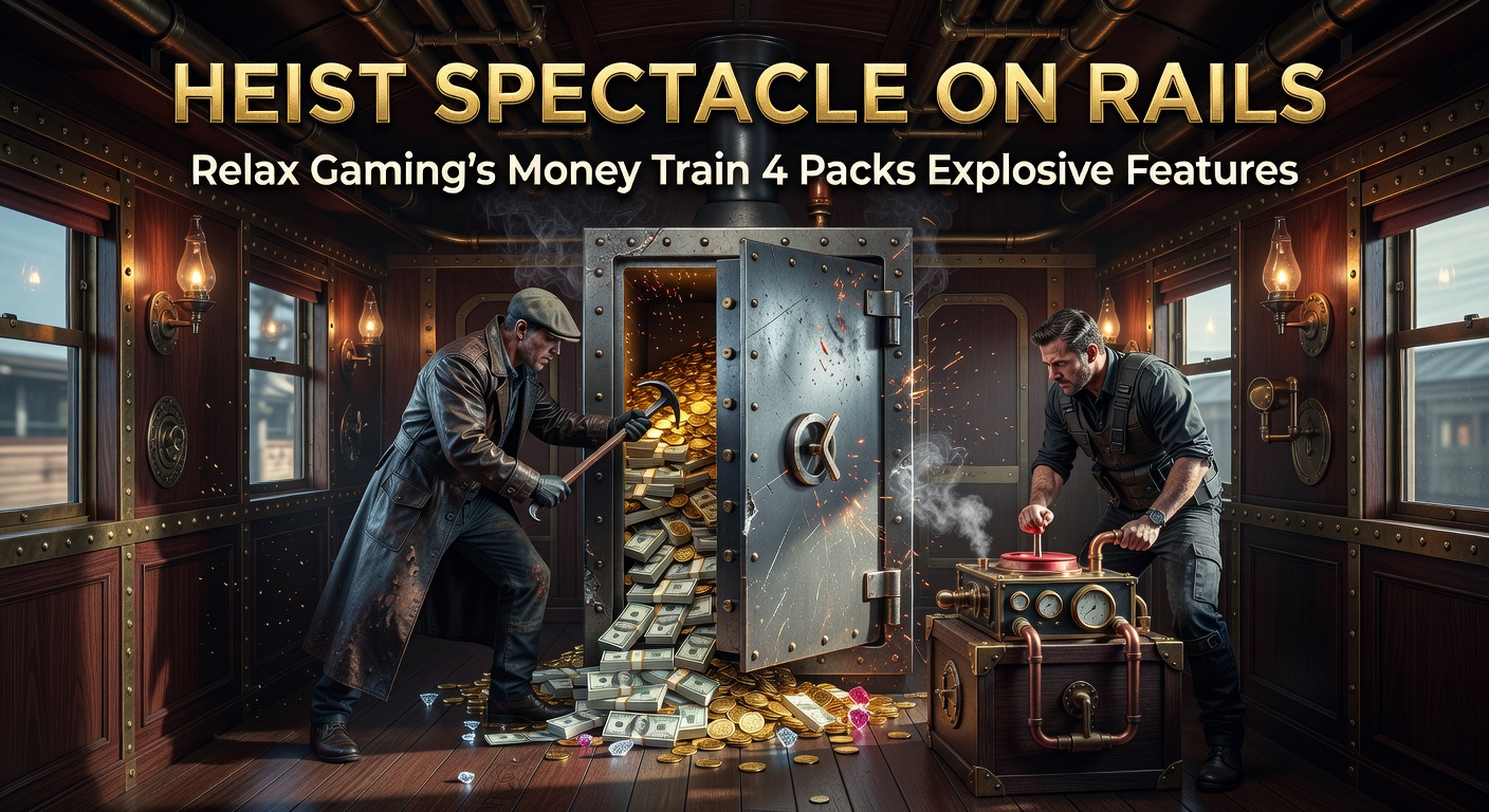 Vibrant screenshot of Money Train 4 slot game showing the speeding train heist scene with explosive symbols and bonus features activated