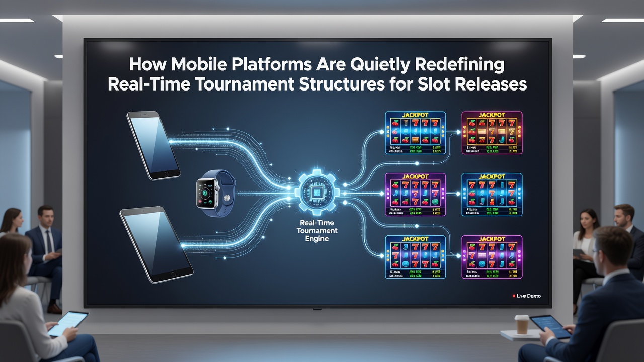 Players engaging with mobile slot tournaments on various devices in a casino setting