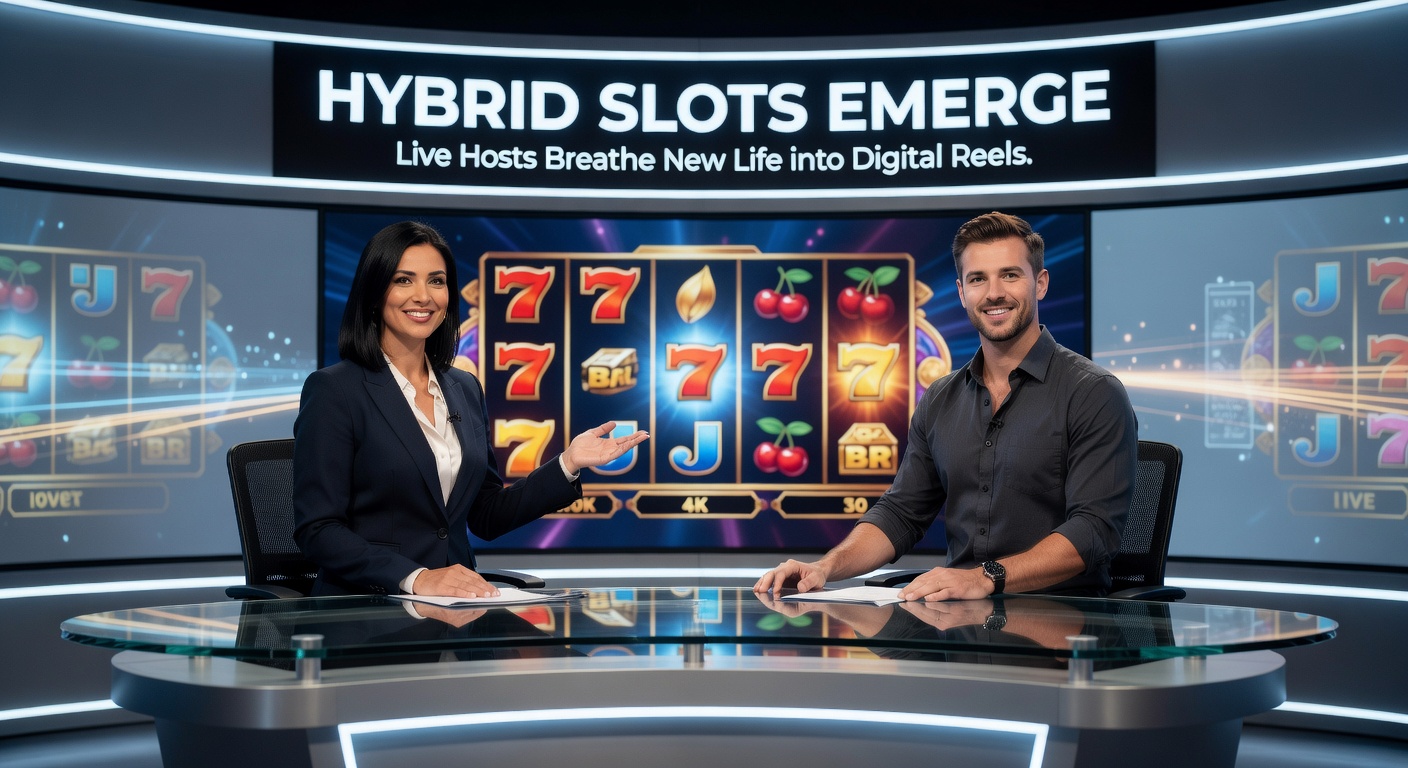 A vibrant live host interacting with digital slot reels on a studio screen, capturing the excitement of hybrid gaming