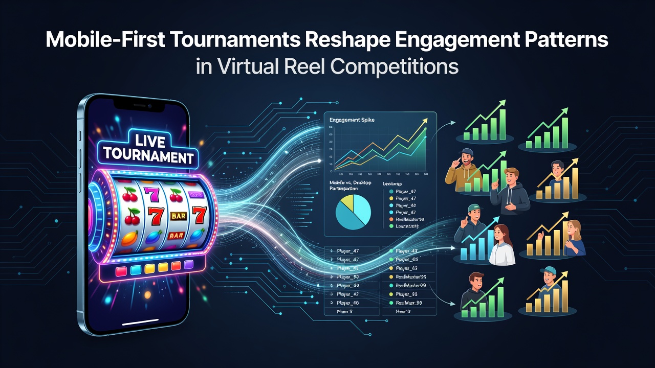 Mobile devices displaying virtual reel tournament interfaces with real-time leaderboards and player stats