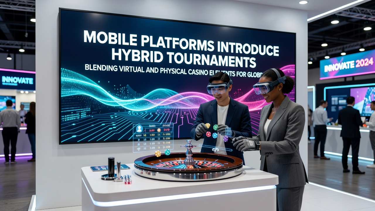 Global participants engaging in hybrid tournament on mobile devices connected to physical casino venues
