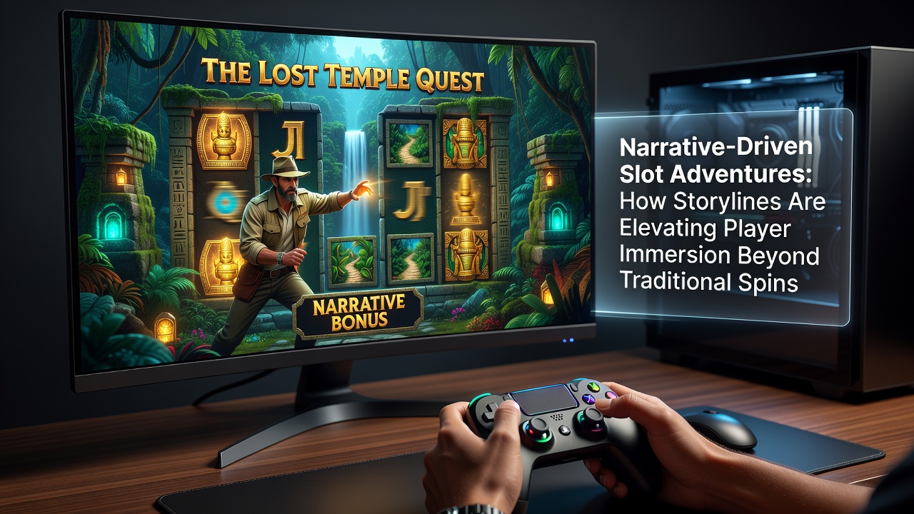 Slot game interface displaying rich narrative elements with character illustrations and story progression indicators