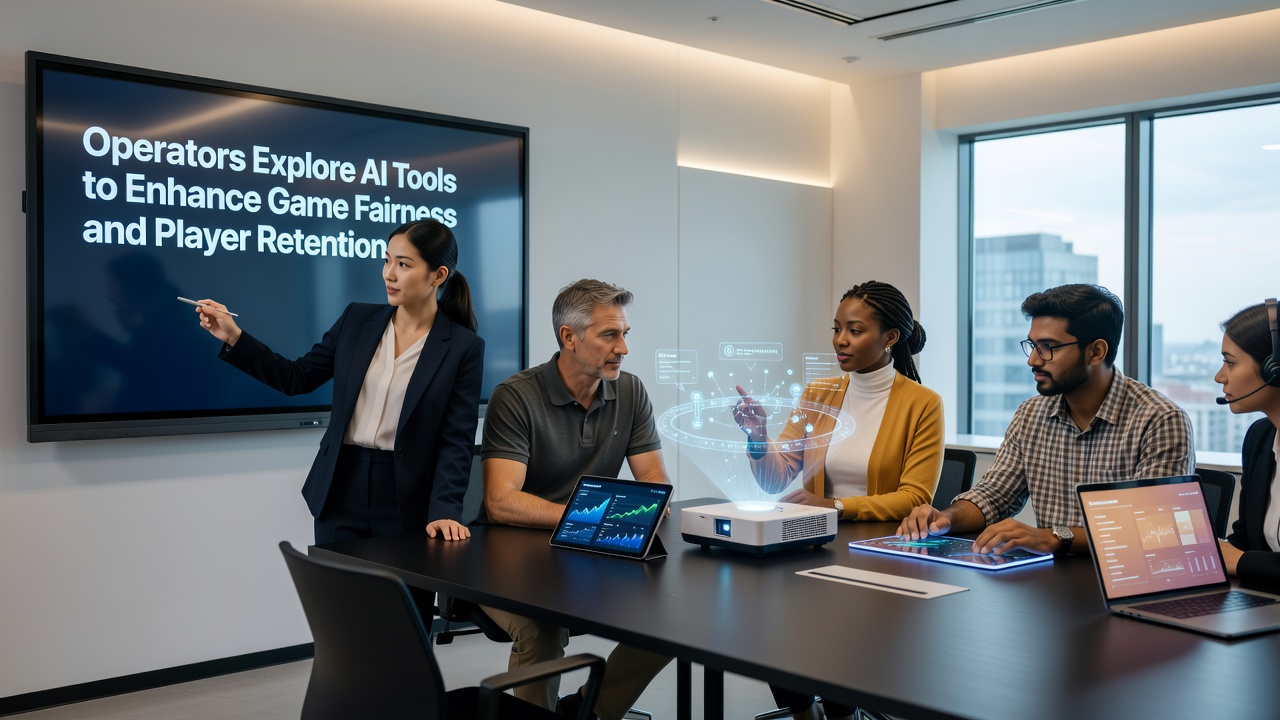 Casino operators reviewing AI dashboards that monitor game fairness metrics and player engagement patterns in real time