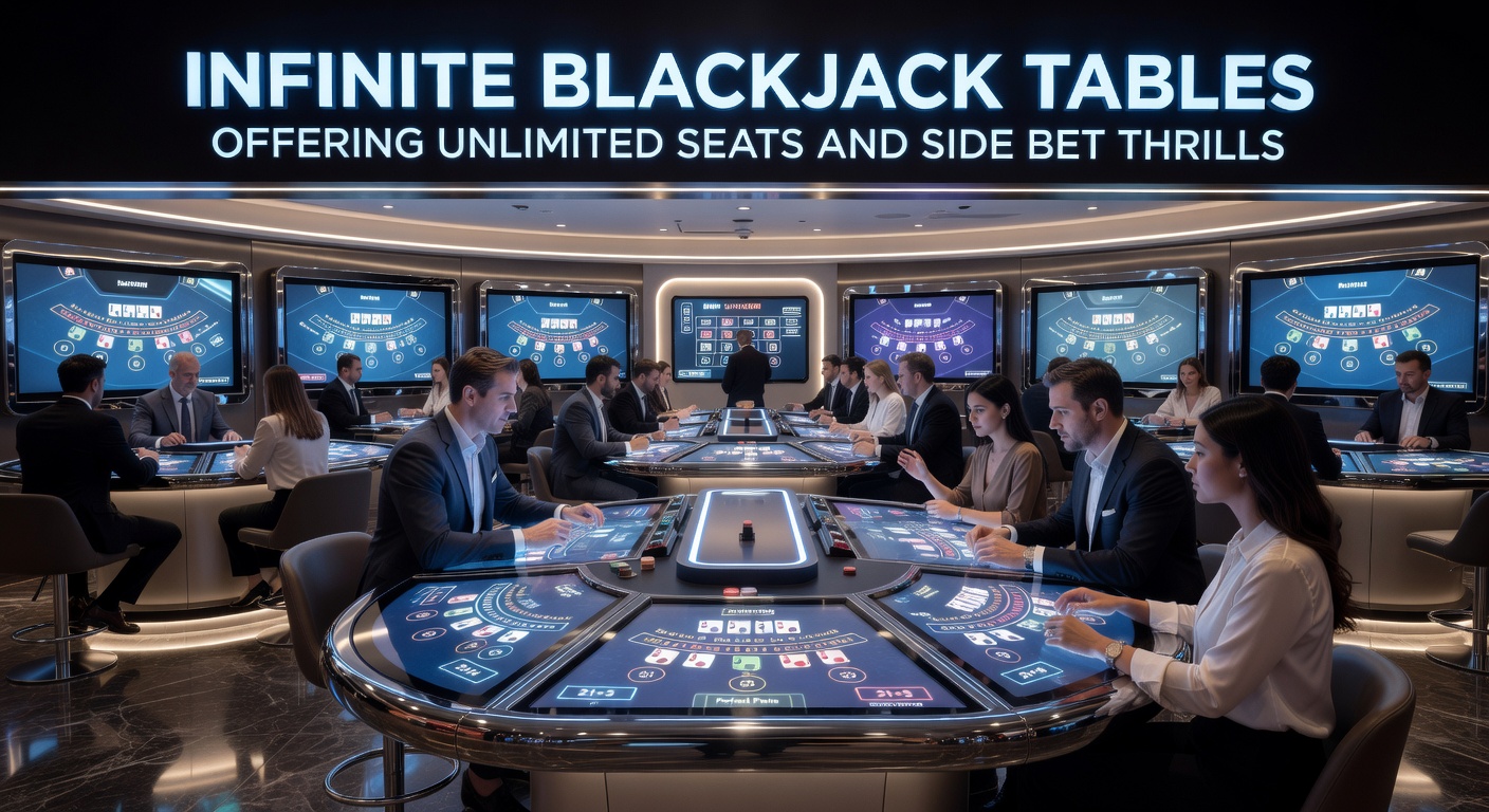Vibrant live Infinite Blackjack table with digital seats filling up and side bet options glowing on screens, capturing the buzz of multiple players betting simultaneously