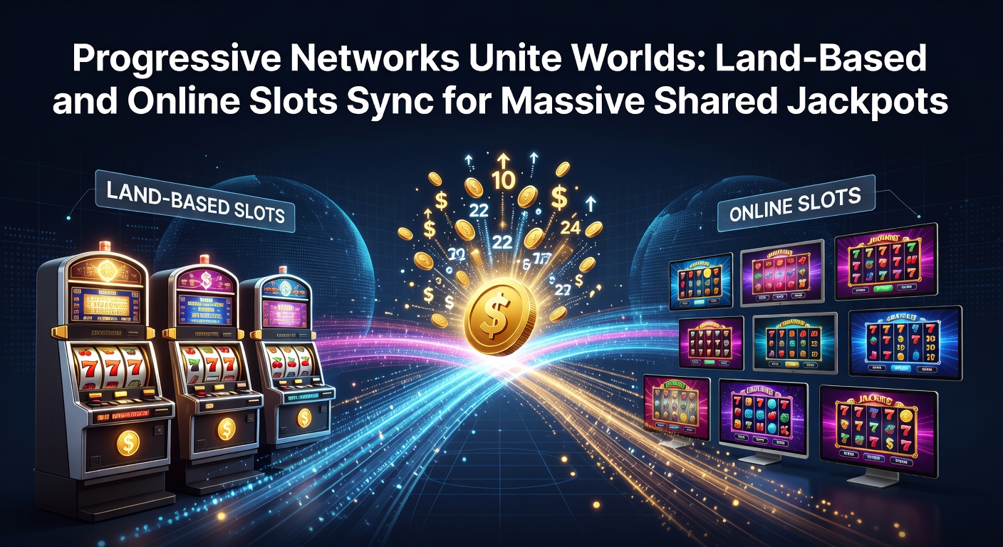 Vibrant slot machines in a bustling land-based casino linked digitally to online platforms, showing jackpot meters syncing in real-time for shared progressive wins