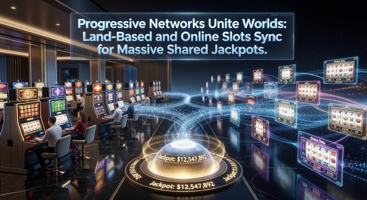 Digital dashboard displaying synchronized jackpot progress across land-based and online slots, with meters climbing in unison amid global player contributions