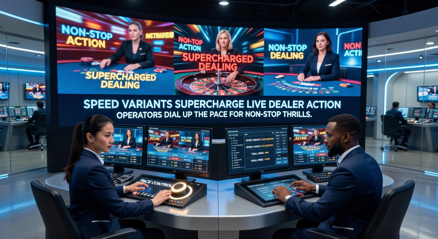 Close-up of a live dealer dealing speed blackjack cards at a high-tech table with digital bet interfaces glowing