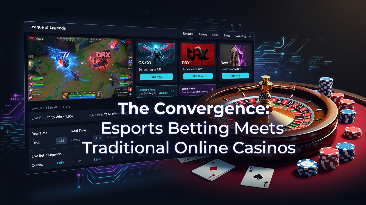 Online casino interface displaying integrated esports betting sections alongside classic slot and table game options