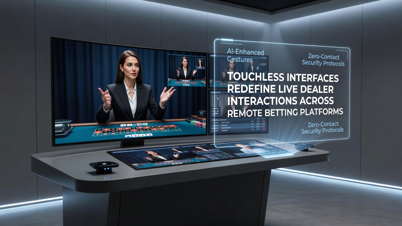 Player using hand gestures to interact with live dealer table displayed on large monitor
