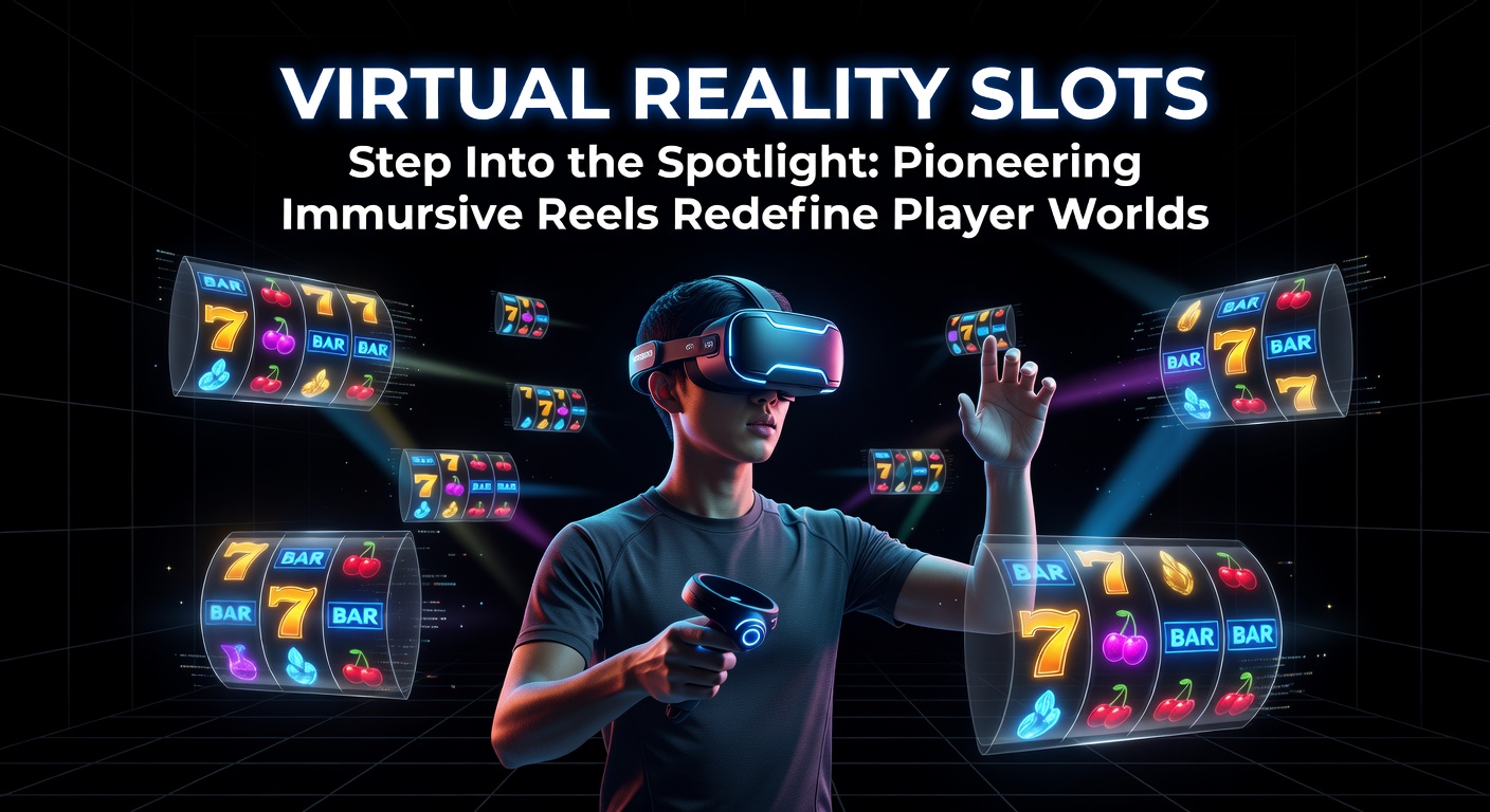 A player immersed in a vibrant VR slot environment, spinning reels amid a fantastical casino landscape with glowing symbols and interactive elements floating in 3D space