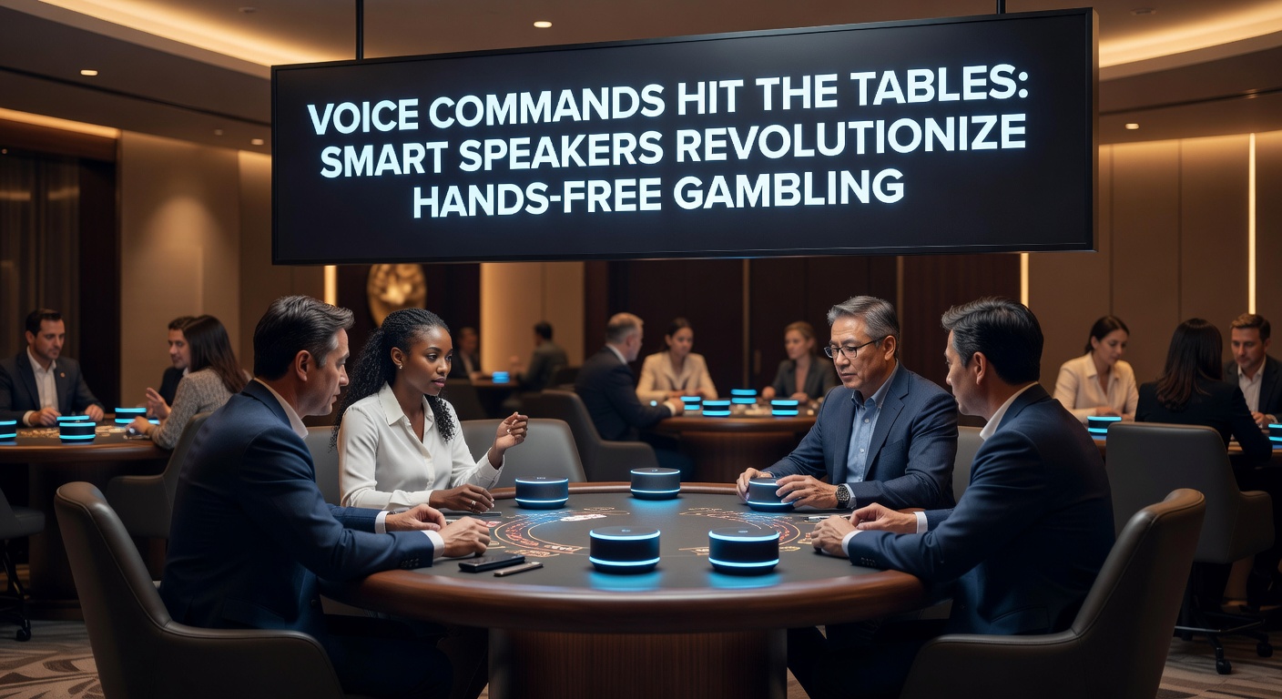 Player using smart speaker to place bets at a virtual blackjack table, with voice waveform visuals and chip stacks updating in real-time